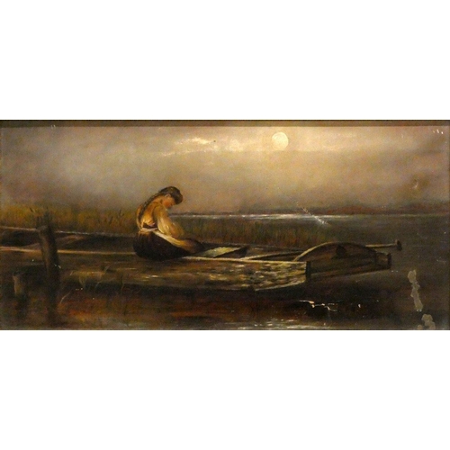 138 - Oil on board Girl In A Boat, moonlight, gilt framed, unsigned 48 x 27 cm.