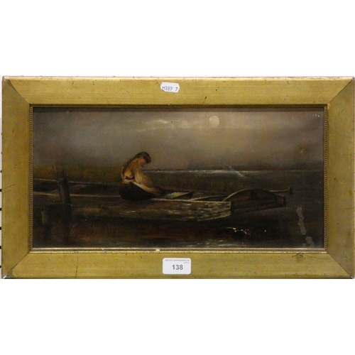 138 - Oil on board Girl In A Boat, moonlight, gilt framed, unsigned 48 x 27 cm.