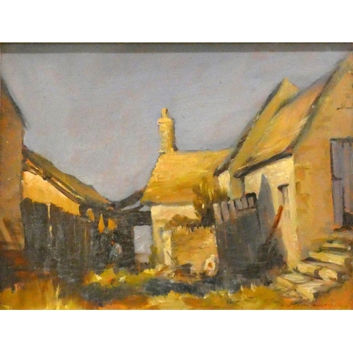 139 - Framed oil on board 'Farmstead' indistinctly signed, 28 x 33 cm.