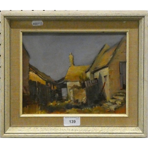 139 - Framed oil on board 'Farmstead' indistinctly signed, 28 x 33 cm.