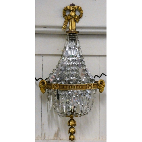 145 - Four Edwardian electric wall lights mirror backed with glass droplets, gilt decoration 80 cm long (4... 