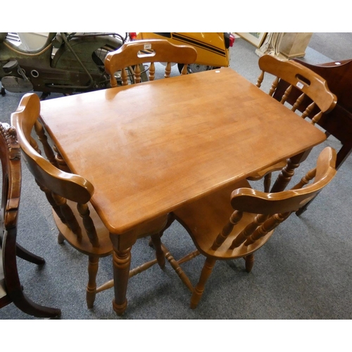 157 - A Stained pine dining table 104 x 68 cm, together with a set of 4 pine matching dining chairs (5)