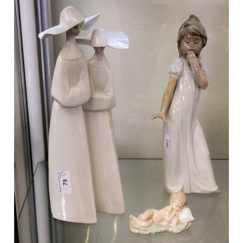 75 - A Nao by Lladro figurine of a 'Yawning Girl', height 28cm, together with a Lladro figurine of two la... 