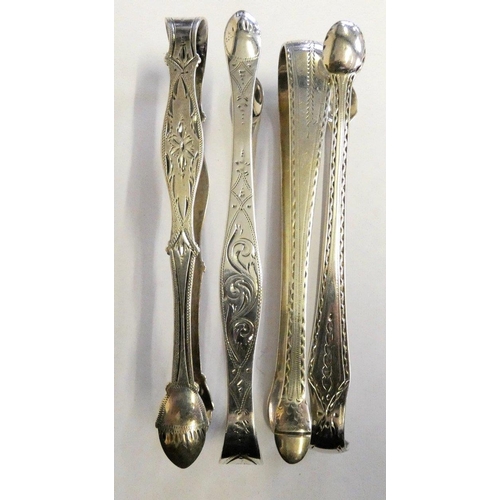 98 - Four George III silver bright cut sugar tongs, London 1800 and 1804, two without date letters, weigh... 