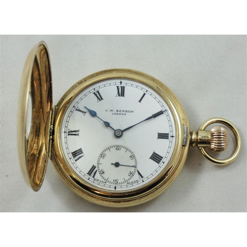 100 - A 9ct rose gold keyless wind half hunter pocket watch, by J.W. Benson, London 1936, the white enamel... 