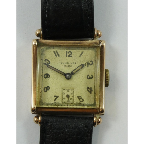 107 - Dunklings, a 9ct gold manual wind gentleman's wristwatch, c. 1953, the square silvered dial with sub... 