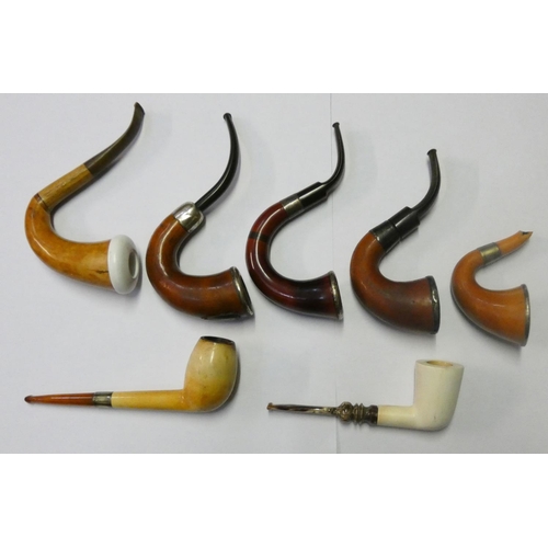 131 - An Edwardian Meerschaum pipe in the Sherlock Holmes style with silver mounts, Birmingham 1909, four ... 