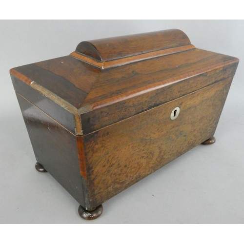 133 - An early 19th century rosewood and mahogany tea caddy, the hinged lid opening to reveal two compartm... 