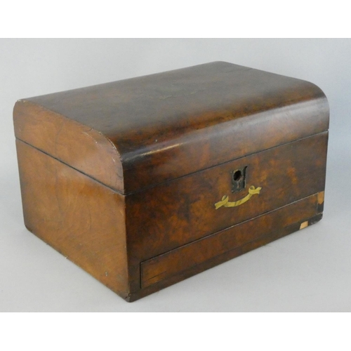 134 - A Victorian burr walnut travelling box, the lid opening to reveal a mirror electroplated and glass j... 