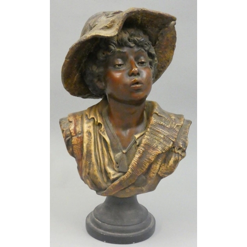 140 - A late 19th century painted plaster bust of a child wearing a hat, height 46 cm.