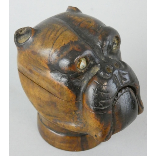 144 - Of Bulldog interest, a Victorian fruit wood novelty inkwell, carved in the form of a dogs head, glas... 