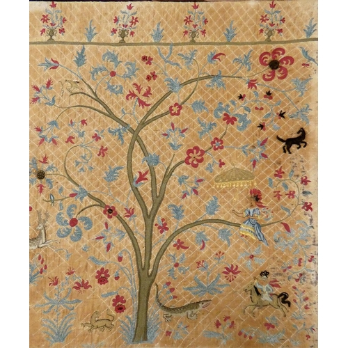 180 - An early 18th century crewelwork panel, composed of three Trees of Life, each with various people, a... 