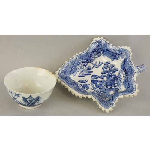 228 - An 18th century blue and white pickle dish, probably Caughley c.1780, with willow pattern decoration... 