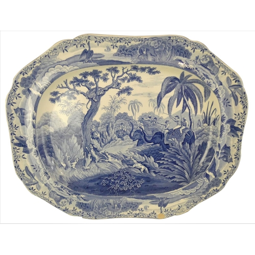 230 - A Spode Pearlware Indian Sporting Series Pattern Platter, circa 1820, printed in underglaze blue wit... 