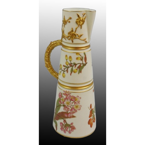 239 - A Royal Worcester blush ivory tapering cylindrical jug, printed and painted with flowers in relief, ... 