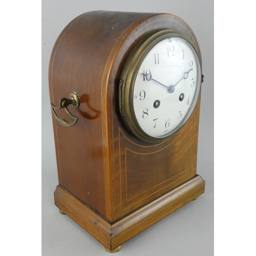 252 - A Victorian mahogany and boxwood strung dome top mantle clock, the white enamel dial with Arabic num... 