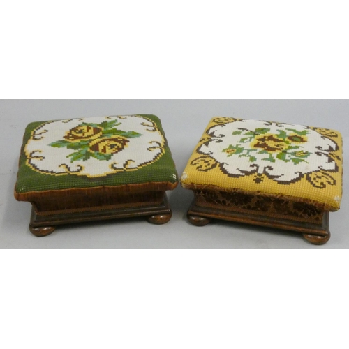 283 - A Victorian pair of square stools, with tapestry upholstered covers, raised on ball feet, 37 x 37 cm... 