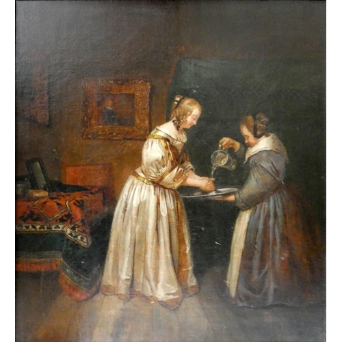 344 - Manner of Vermeer, a 19th century interior of a maid washing her mistress's hands, oil on canvas, un... 