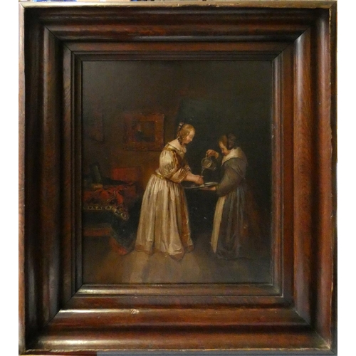 344 - Manner of Vermeer, a 19th century interior of a maid washing her mistress's hands, oil on canvas, un... 