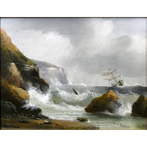 346 - E. K. Redmore (1860-1941), ship being blown onto the rocks, signed lower right hand corner, oil on b... 