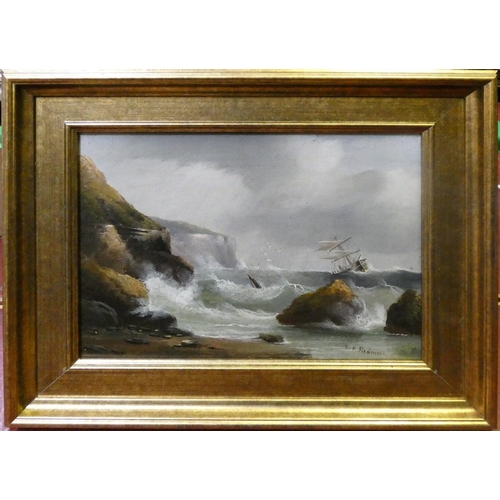 346 - E. K. Redmore (1860-1941), ship being blown onto the rocks, signed lower right hand corner, oil on b... 