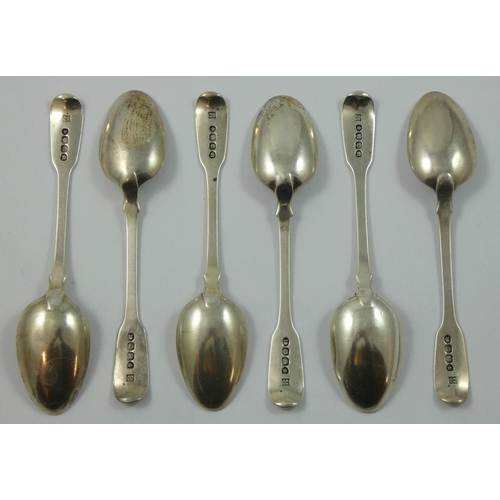 7 - A George III silver set of six fiddle pattern tea spoons, London 1822, crested, weight 4 oz.