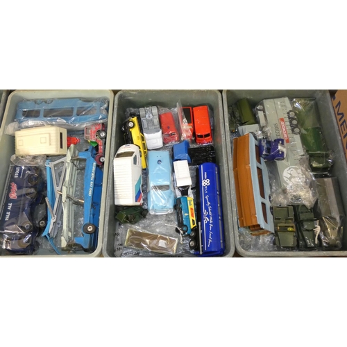 181 - Three boxes of assorted unboxed die-cast models, to include Corgi; Carrimore Car Transporter, Ford T... 