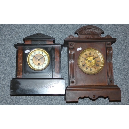 188 - A black slate classical temple style mantel clock with mottled red marble detail, brass face and Ara... 