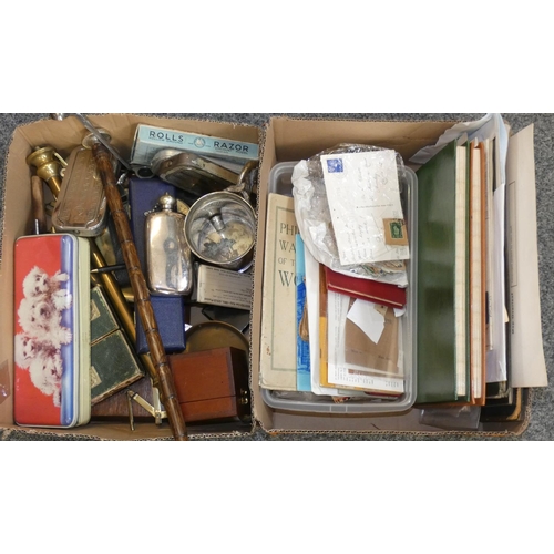 209A - Two boxes of miscellaneous collectables, to include a walking cane, Rolls Razor, stamp albums, loose... 