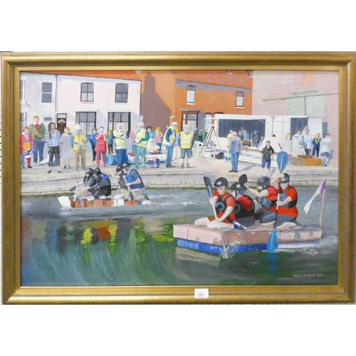 225 - David Credland, Driffield Rotary Club raft race, oil on canvas, 60x90cm