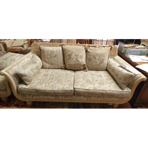 244 - A white crackle finish 3 seat sofa, the fluted frame with scroll arms, double can back, raised on fl... 