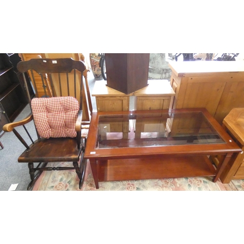 264 - A stick back rocking chair, together with a mahogany glazed coffee table with under tier (2)