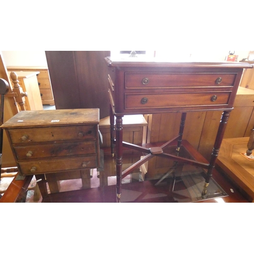 265 - A mahogany twin drawer occasional table on turned legs, together with a miniature three drawer chest... 