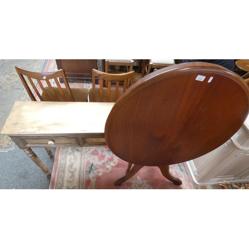 272 - A mahogany circular tilt top tripod table, approx 90cm diameter with a gilt painted two drawer side ... 