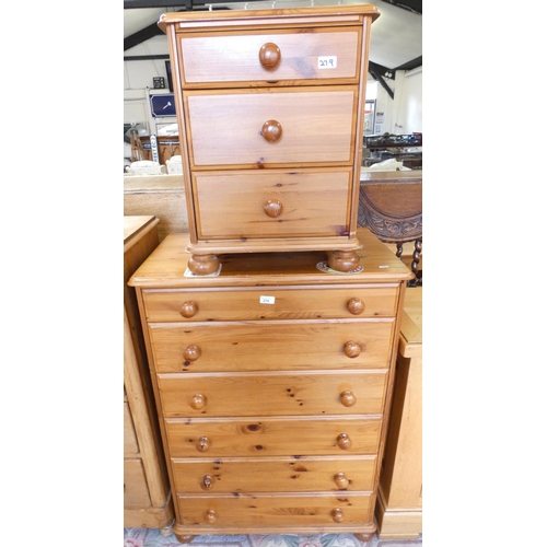 279 - A pine chest of six graduated drawers, bun handles raised on bun feet, 76x45x108cm and a similar bed... 