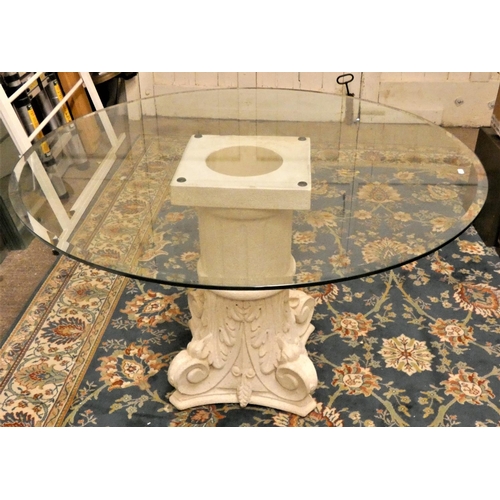 285 - A concrete inverted column table with circular beveled glass top, diameter 120cm, height 73cm (pleas... 