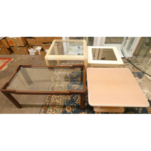 286 - A square limed finish occasional table, with beveled edged glass top, 66x66cm, and three other table... 