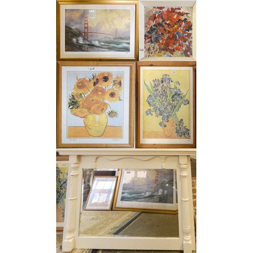 210 - A white painted over mantel mirror, together with a print of the Humber Bridge, two Vincent Van Gogh... 