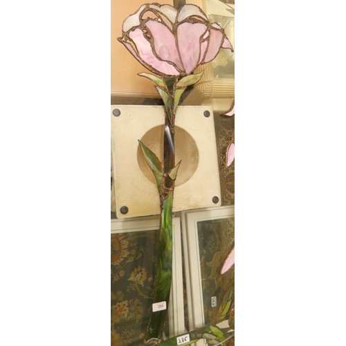 295 - John Leathwood, Hull, a pink and green glass and lead floral wall hanging, 105cm