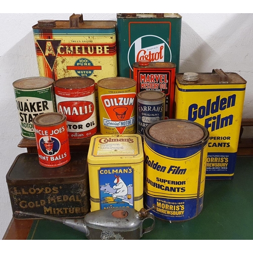 89 - A collection of mainly oil related cans, including two unused, Quaker State Oil and Oilzum.