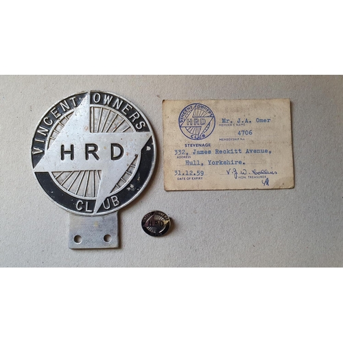 67 - A Vincent HRD owners club membership card, number 4706, Mr J.A. Omer, 31/12/59, an alloy and enamel ... 