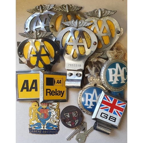 71 - Six winged AA car bumper badges, a Lambretta badge and other badges.