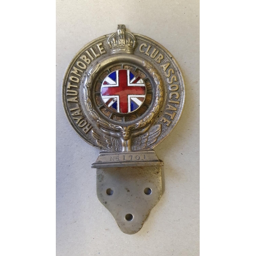 72 - A vintage RAC Association bumper badge, by Collins of London, number N61701, with 1925 disc to the v... 