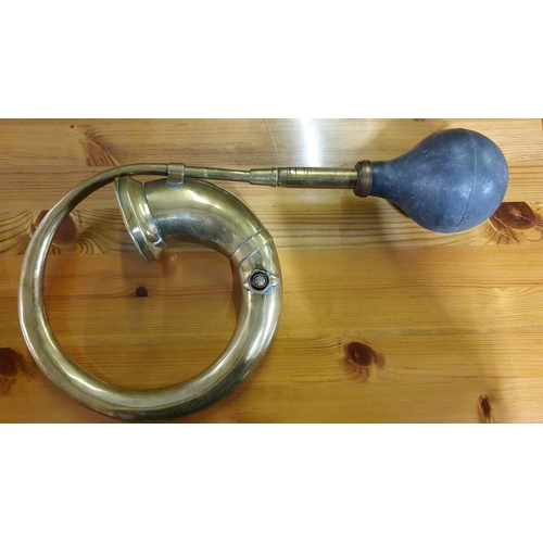 77 - A Desmo brass car horn, with grill and a Deluxe brass car horn (2).