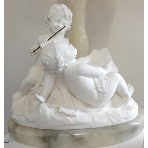 230 - After Prof G. Bessi, a pair of carved alabaster table lamps each with a pair of cherubs, signed, mou... 