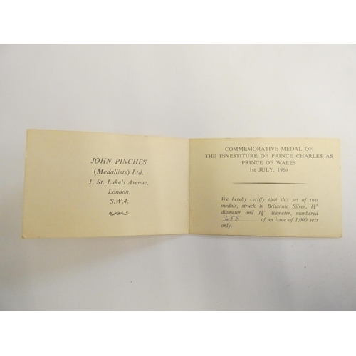 145 - Of Prince of Wales Investiture interest; a limited edition set of two medals, Britannia standard sil... 