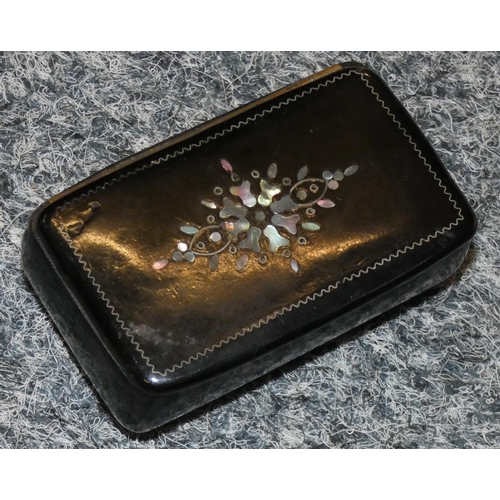 182 - Four 19th Century papier mache snuff boxes, two leather clad travelling inkwells and another box.