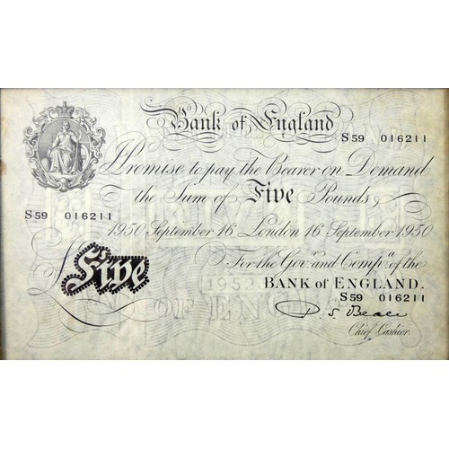 81 - A black and white Five Pound note, signature: P.S. Beale, London 16 September 1950, prefix S59, fram... 