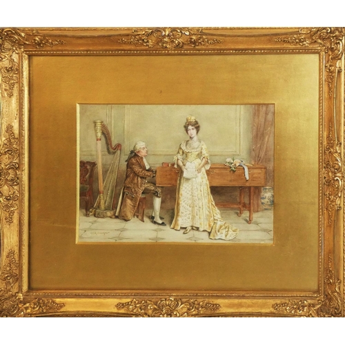 388 - George G. Kilburne, (1839-1924), lady singing by a harpsicord, watercolour, signed, gilt frame, 27 x... 