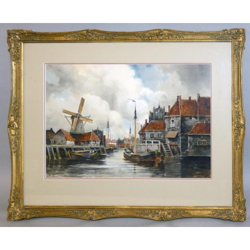 389 - Louis Van Staatan (1836-1909), Dutch canal scene, watercolour, signed, gilt frame, 36 x 53 cm.